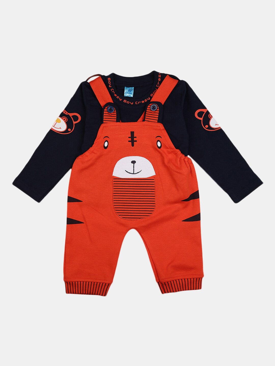 

V-Mart Unisex Kids Orange & Black Printed Pure Cotton T-shirt with Capri Suspendors
