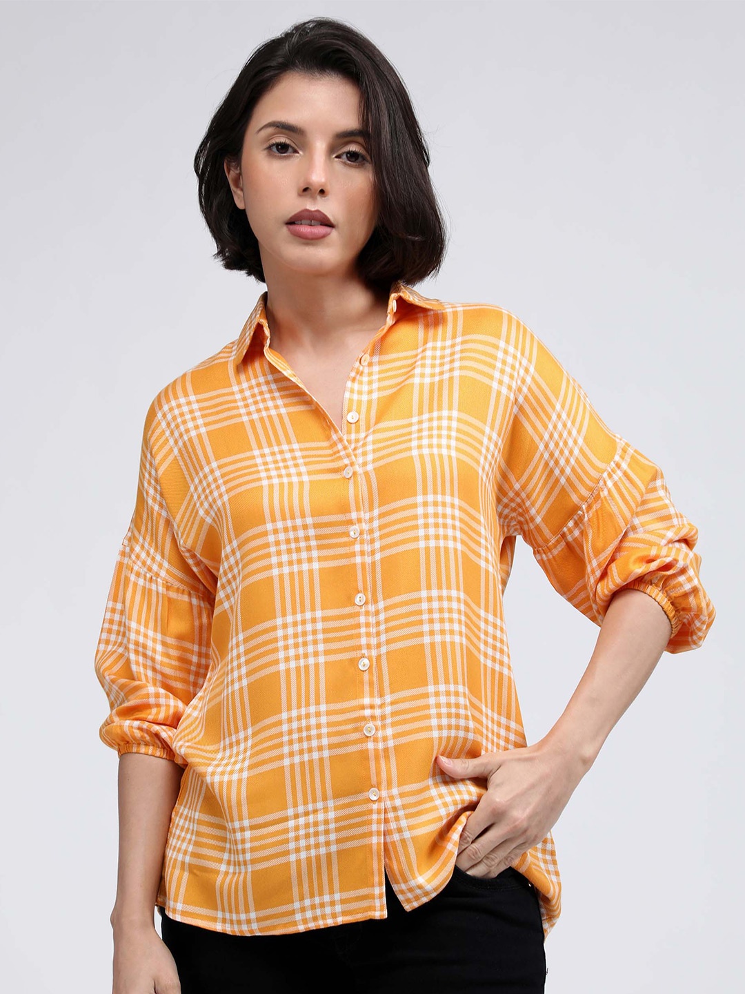 

IDK Women Yellow Checked Casual Shirt