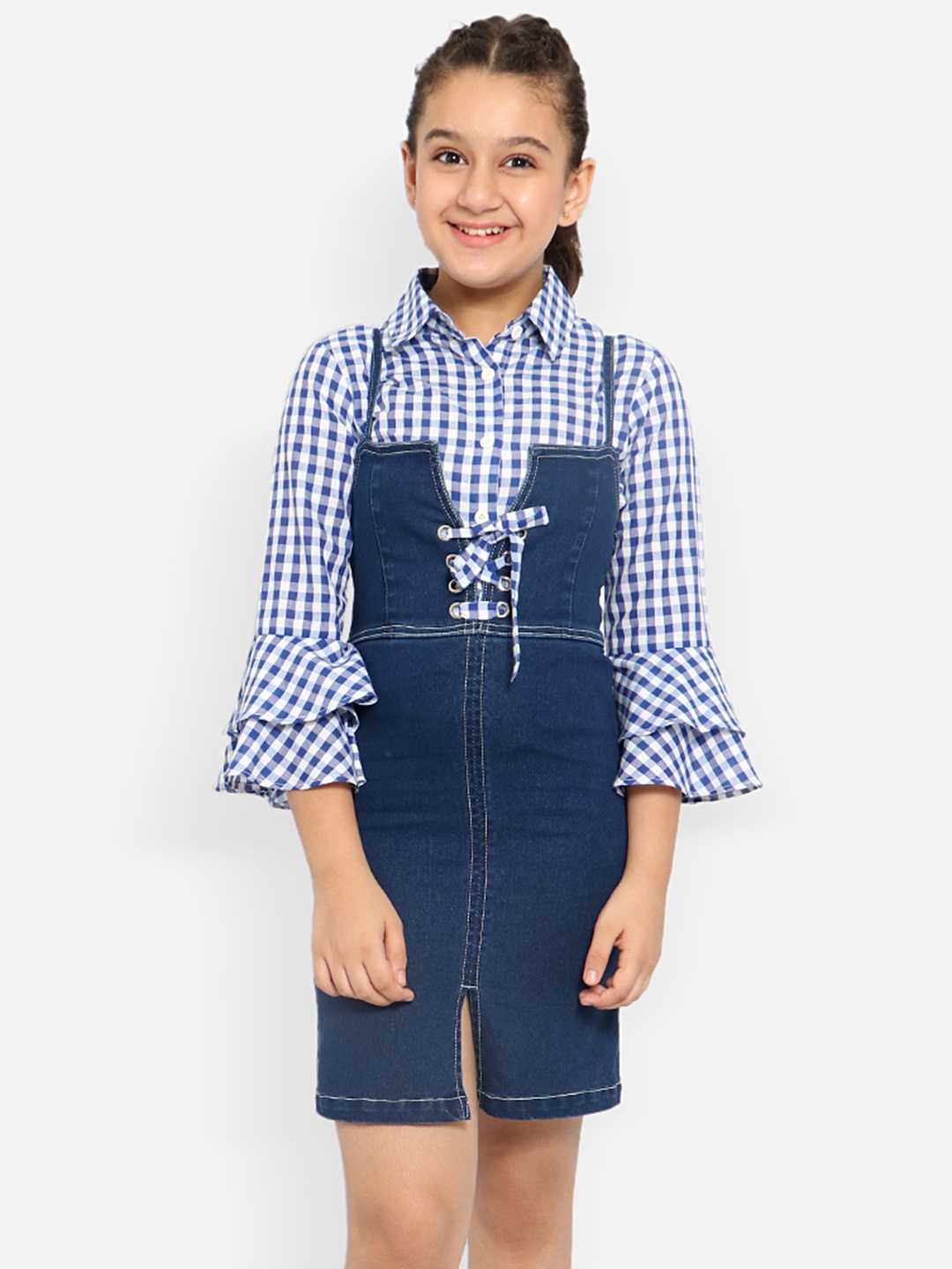 

Natilene Girls Blue Checked Pure Cotton Denim Dungarees
