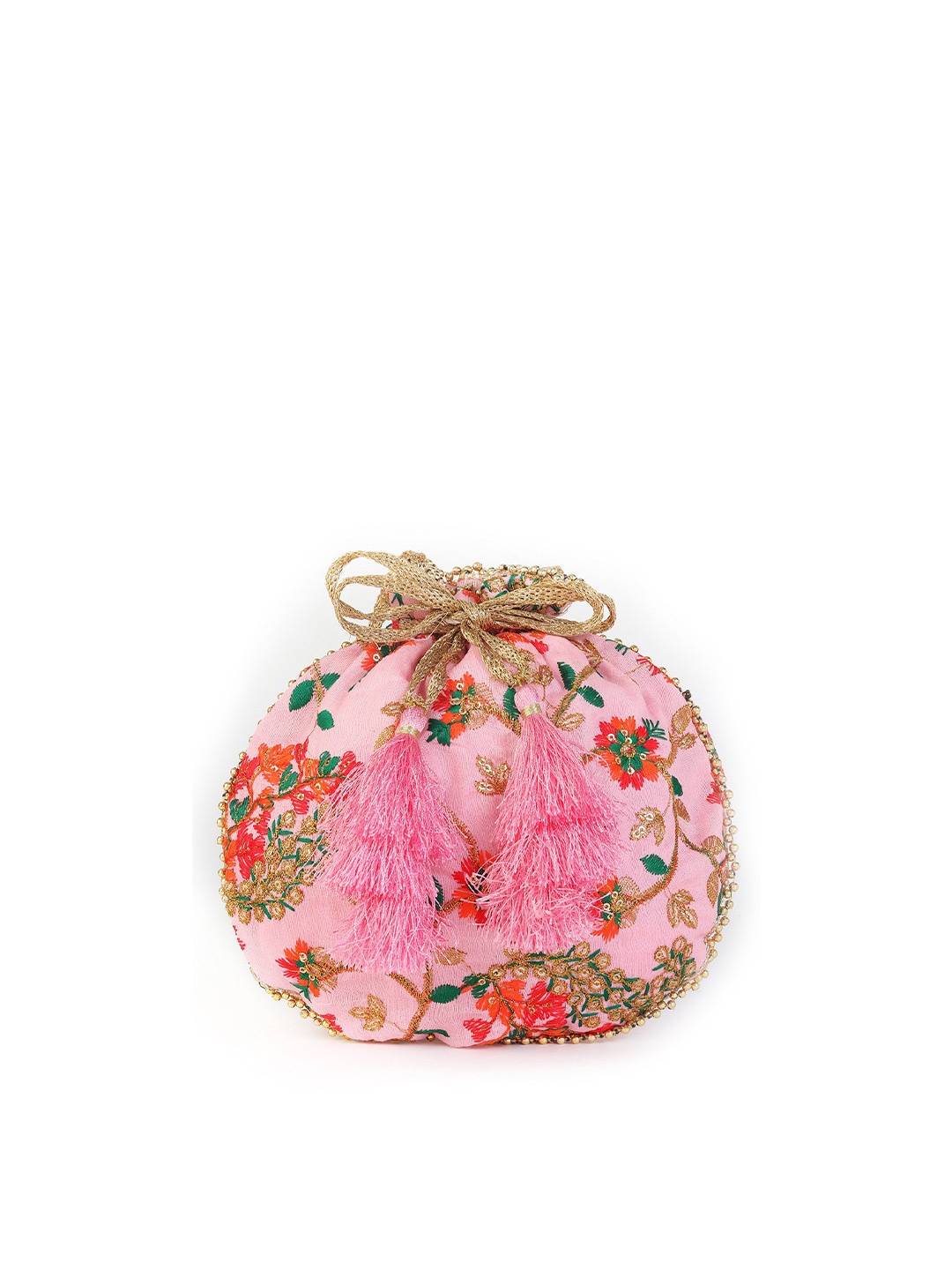 

gaura pakhi Pink & Green Embroidered Potli Clutch