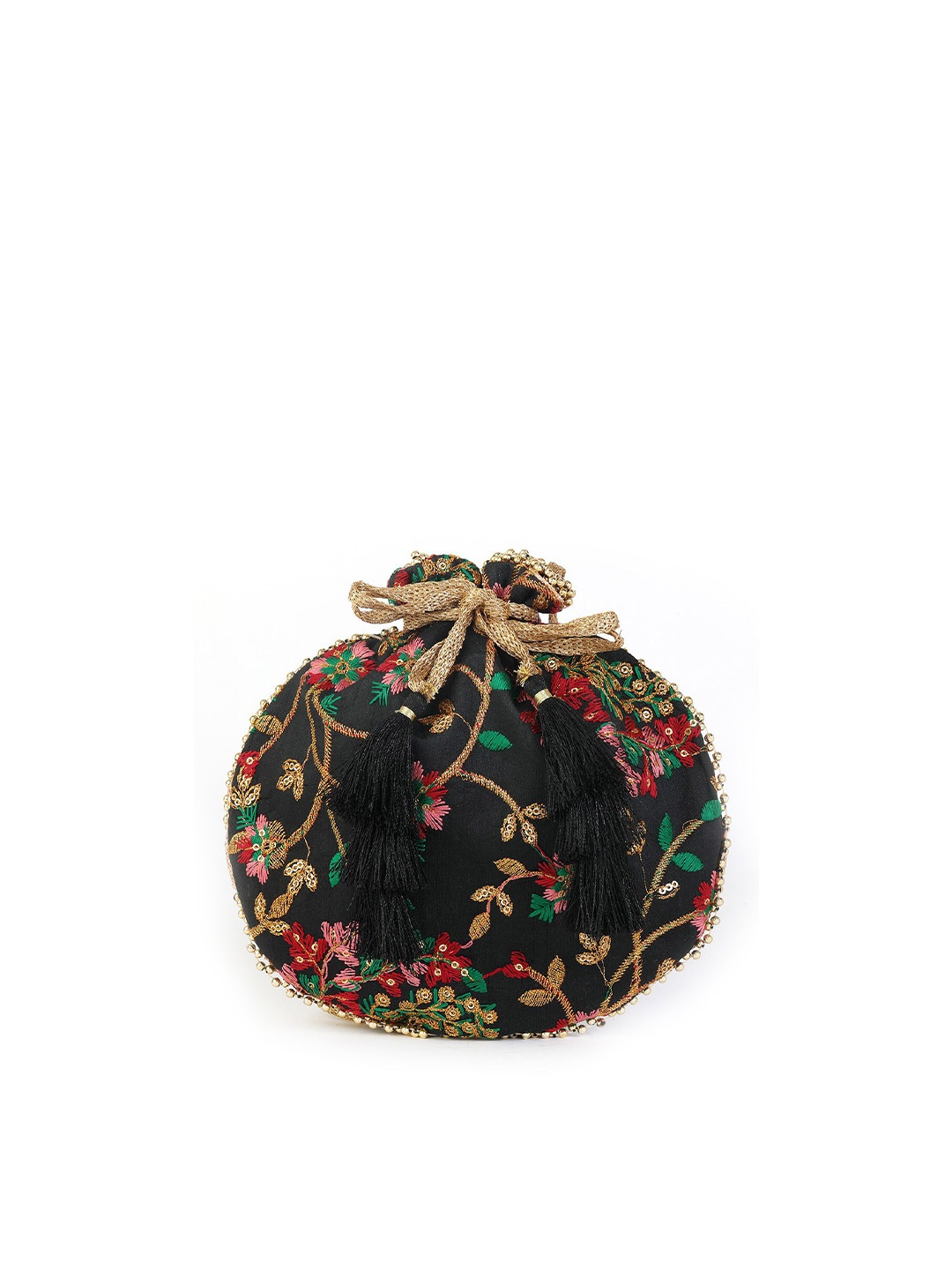 

gaura pakhi Black & Green Embroidered Fringed Potli Clutch
