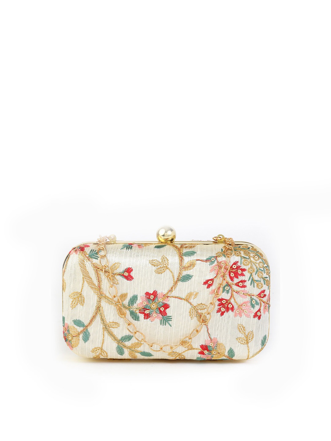 

gaura pakhi Women Cream-Coloured & Gold-Toned Embroidered Embroidered Box Clutch