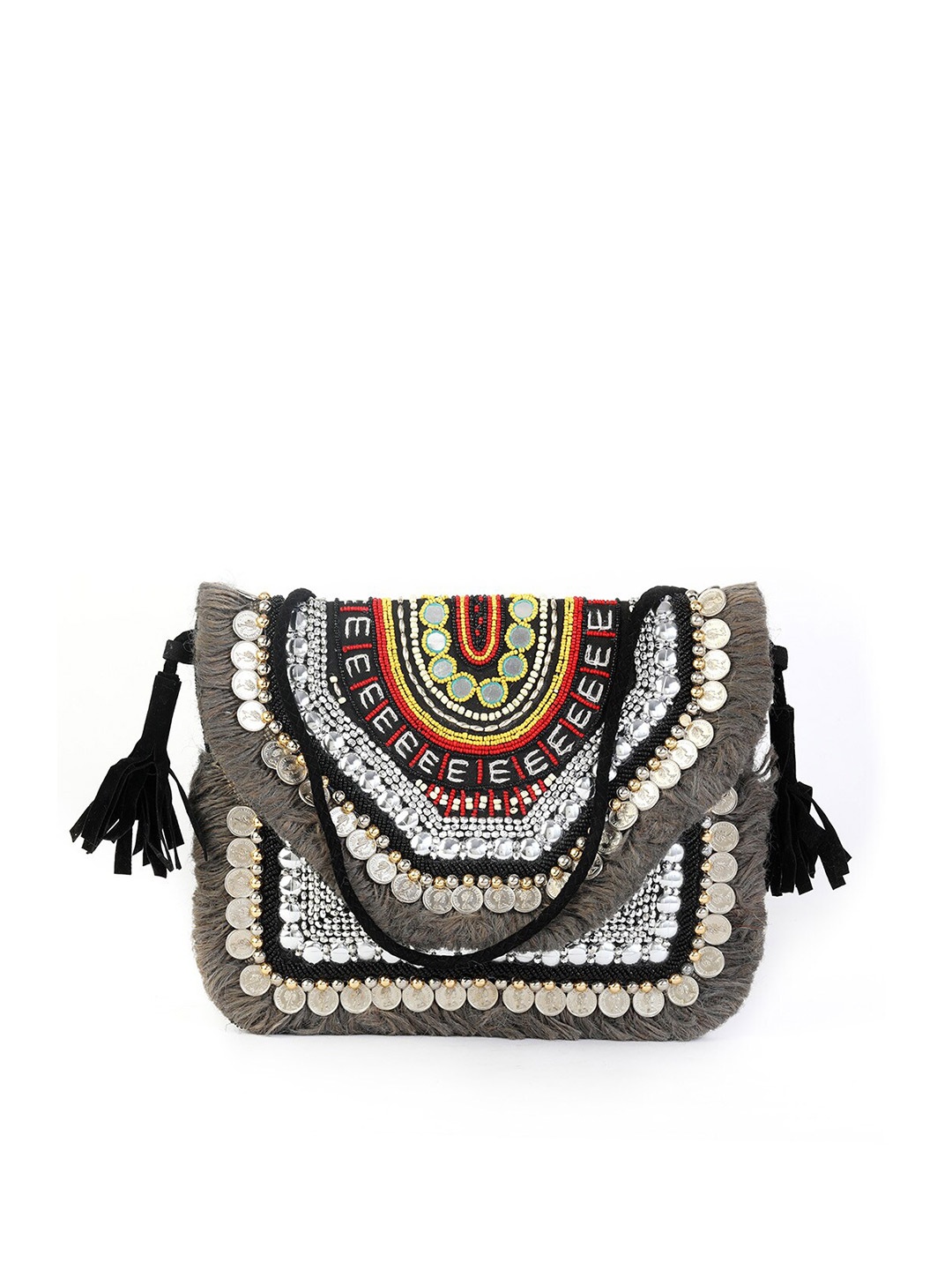 

gaura pakhi Grey & Black Embellished Fringed Purse Clutch
