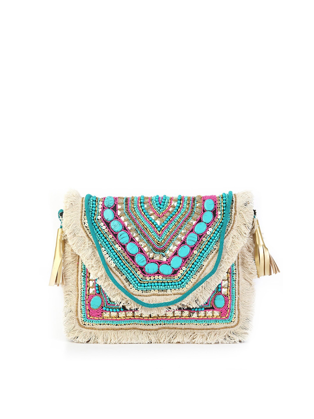 

gaura pakhi White & Blue Embellished Boho Envelope Clutch