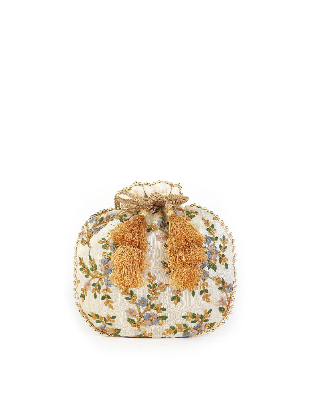 

gaura pakhi Cream-Coloured & Gold-Toned Embroidered Embroidered Potli Clutch