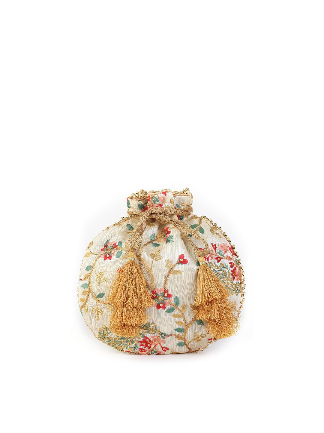 

gaura pakhi Women Cream & Blue Embroidered Fringed Potli Clutch