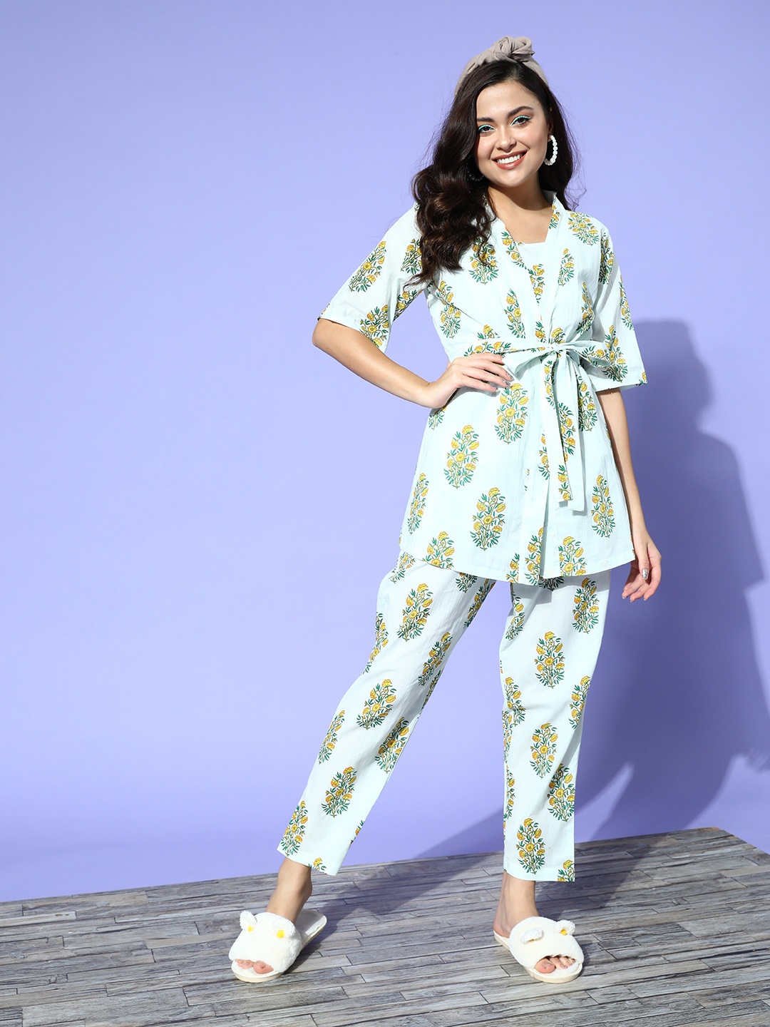 

SANSKRUTIHOMES Women Blue & Green Pure Cotton Printed Night suit