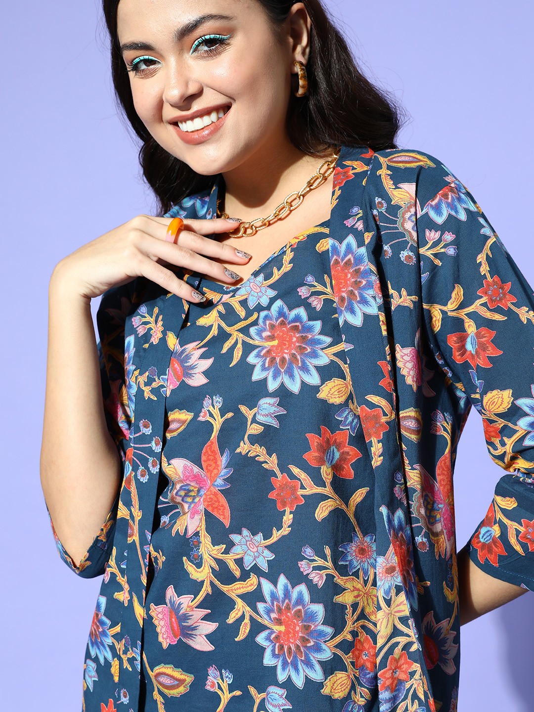 

SANSKRUTIHOMES Women Navy Blue & Red Pure Cotton Printed Night suit