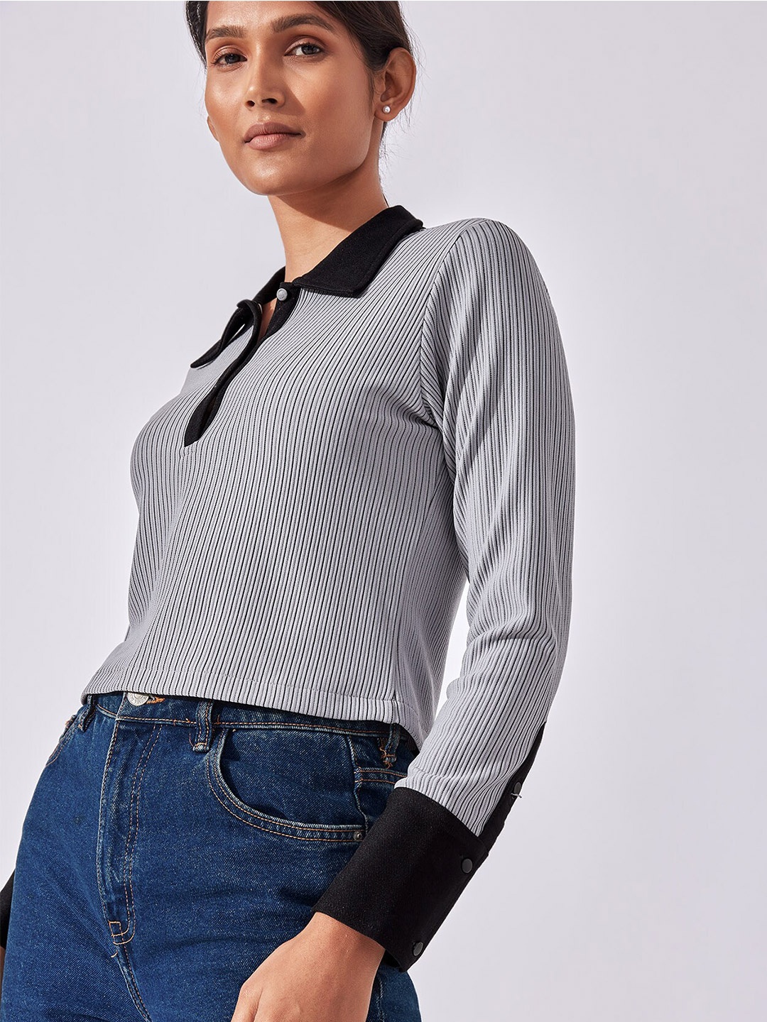 

The Label Life Women Grey & Black Striped Shirt Collar Crop Top