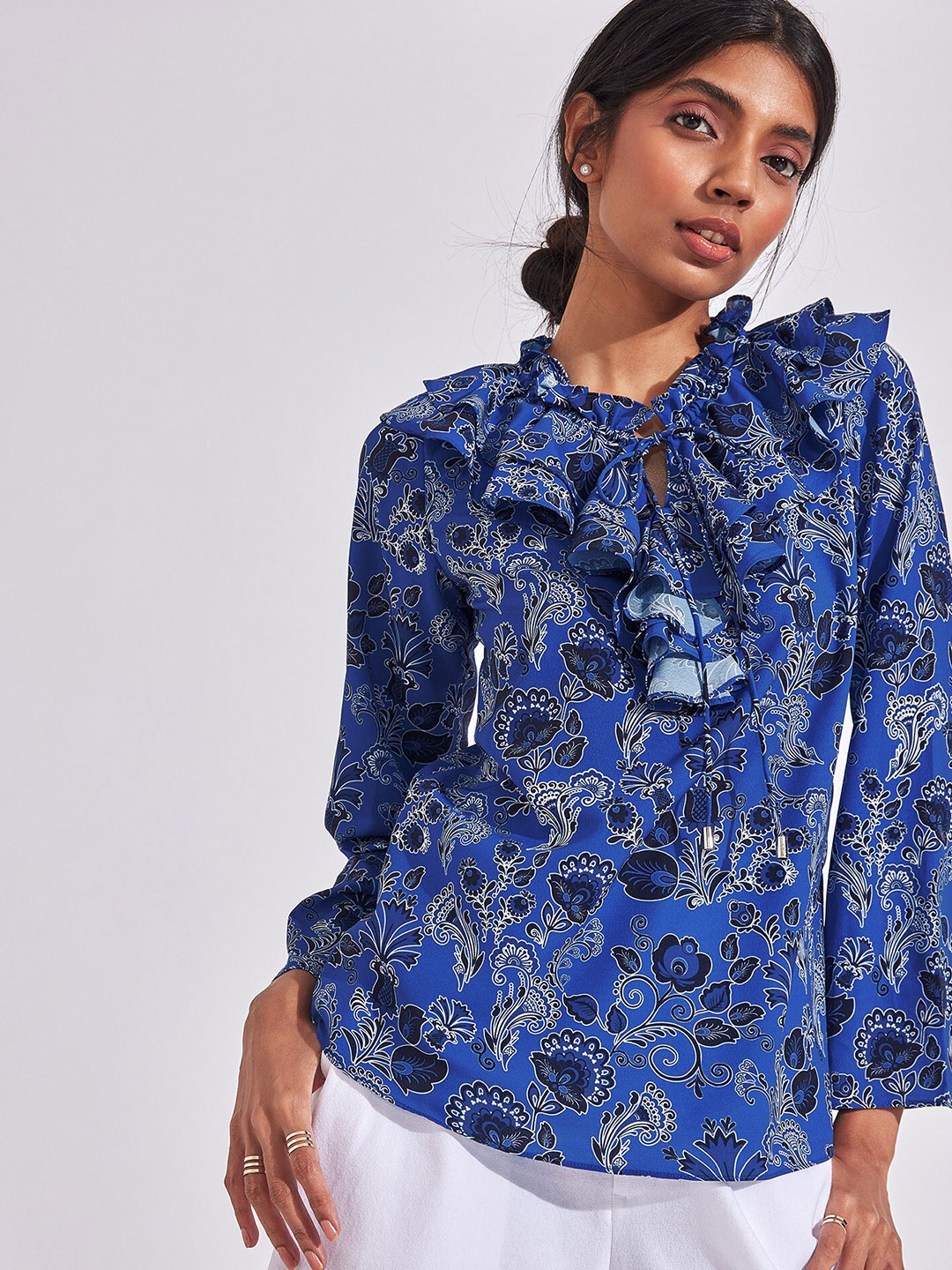 

The Label Life Women Blue Floral Print Tie-Up Neck Ruffles Satin Top