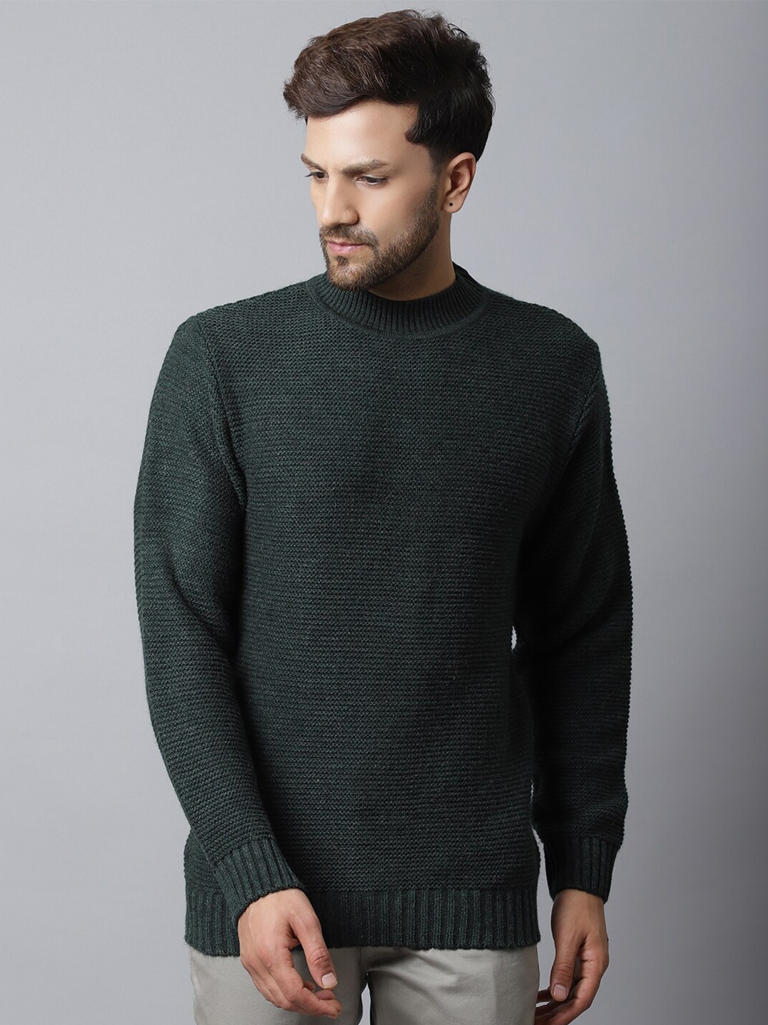 

Cantabil Men Green Ribbed Pullover