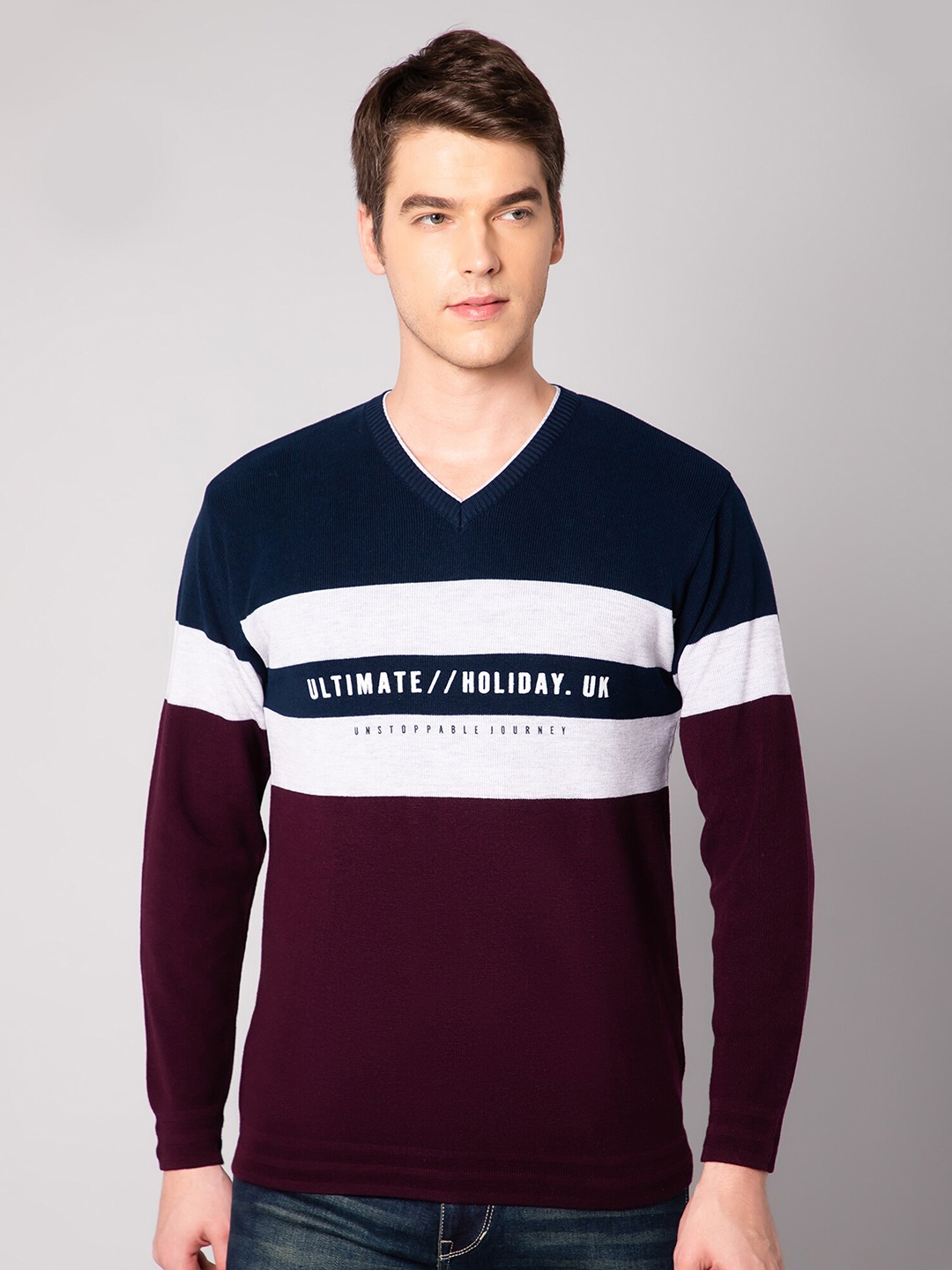 

Cantabil Men Purple & White Colourblocked Colourblocked Pullover