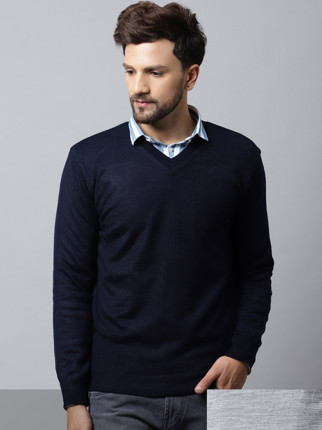 

Cantabil Men Navy Blue Solid Reversable Pullover Sweater