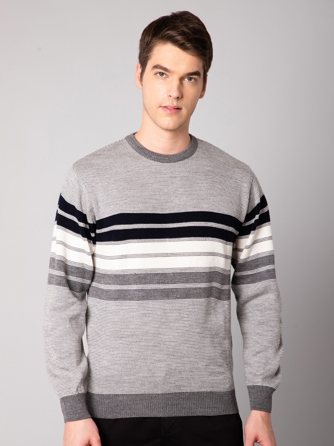 

Cantabil Men Grey Melange Striped Long Sleeves Fashion