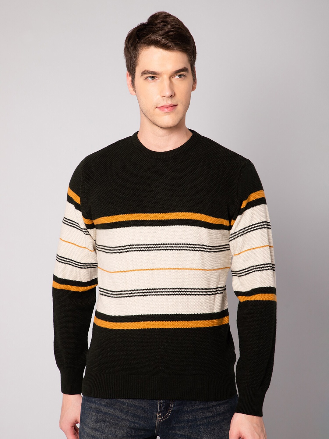 

Cantabil Men Olive Green & Off White Striped Striped Pullover