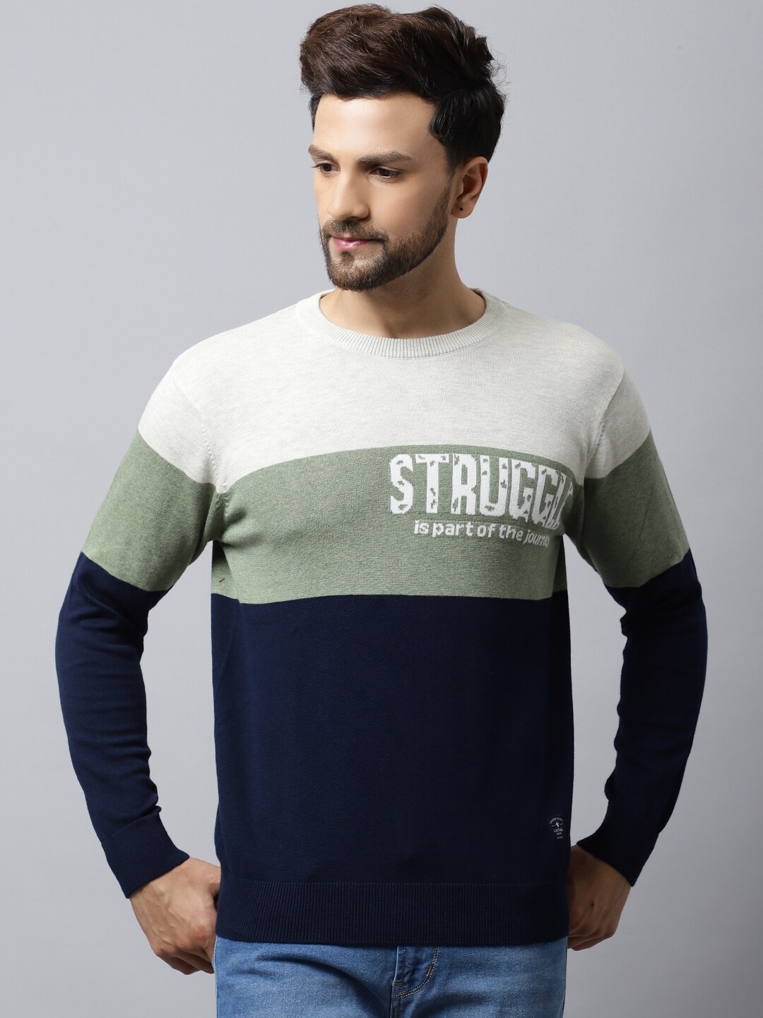 

Cantabil Men Navy Blue & White Colourblocked Colourblocked Pullover