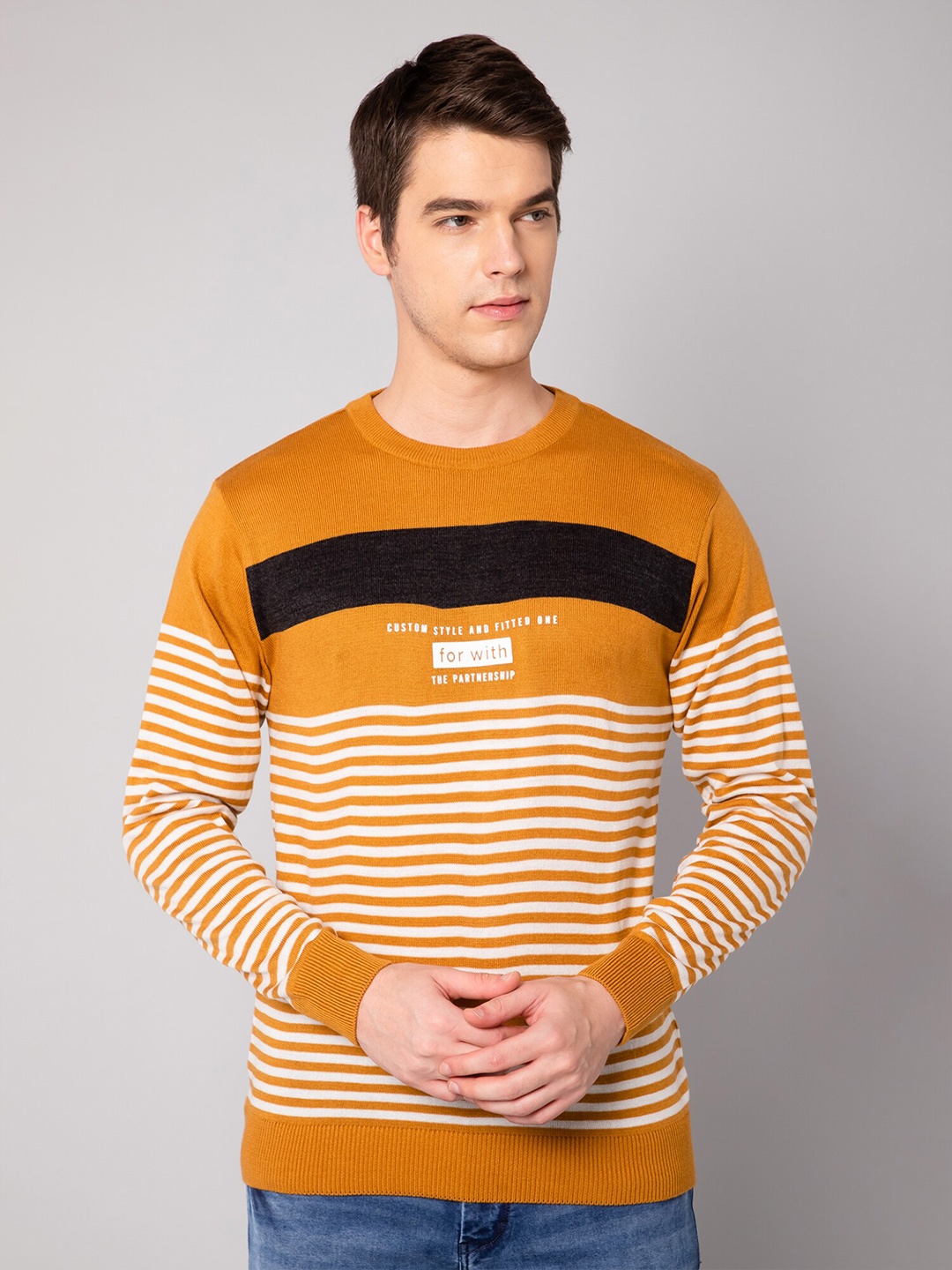 

Cantabil Men Mustard & White Striped Striped Pullover