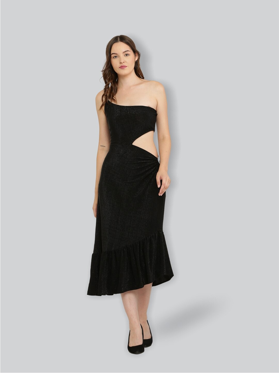 

The Label Bar Black Off-Shoulder Sheath Cut Out Midi Dress