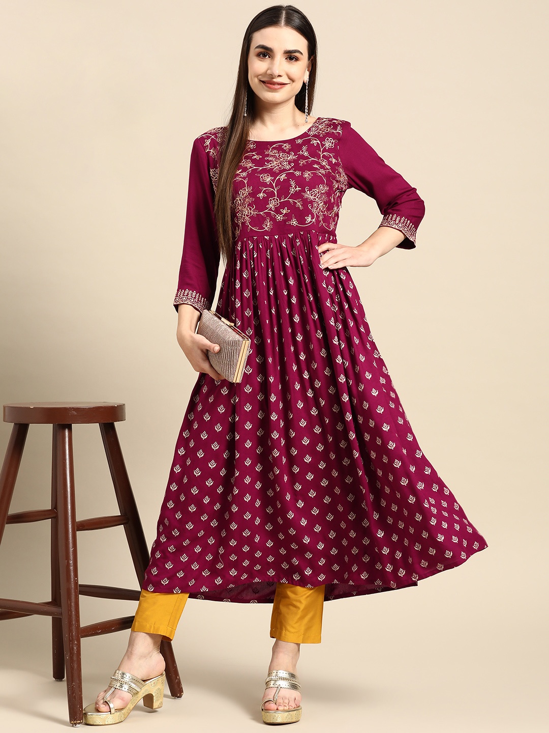 

Anouk Women Violet Ethnic Motifs Embroidered Thread Work Anarkali Kurta