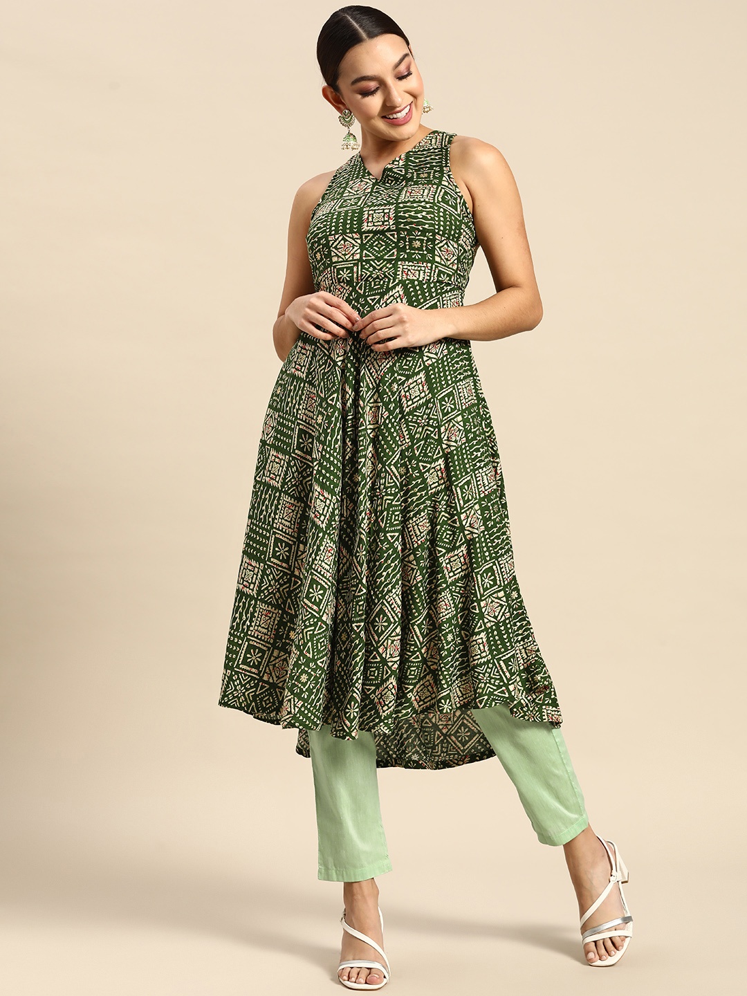 

Anouk Women Green Tribal Printed Anarkali Kurta
