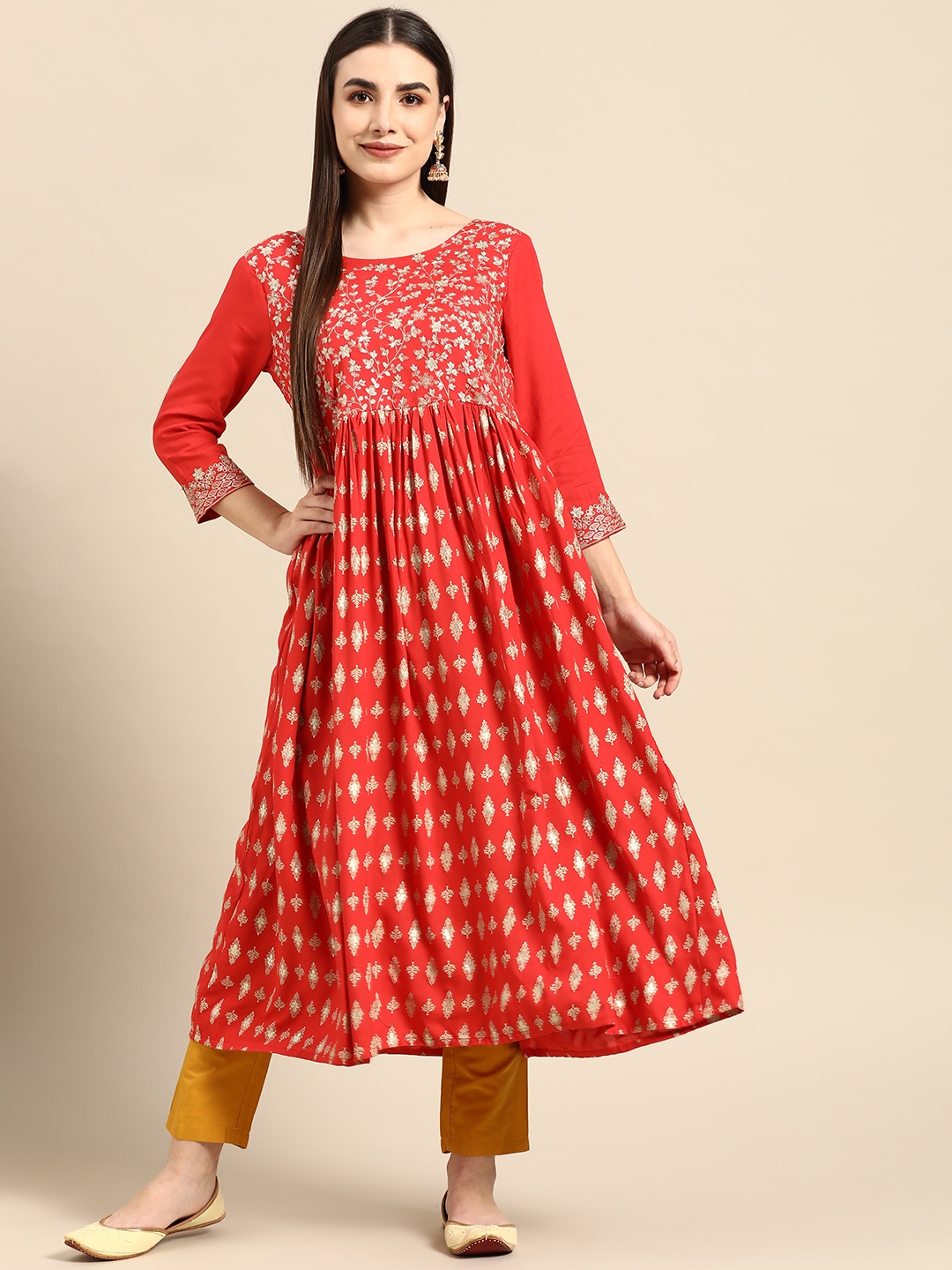 

Anouk Women Red Ethnic Motifs Embroidered Thread Work Anarkali Kurta