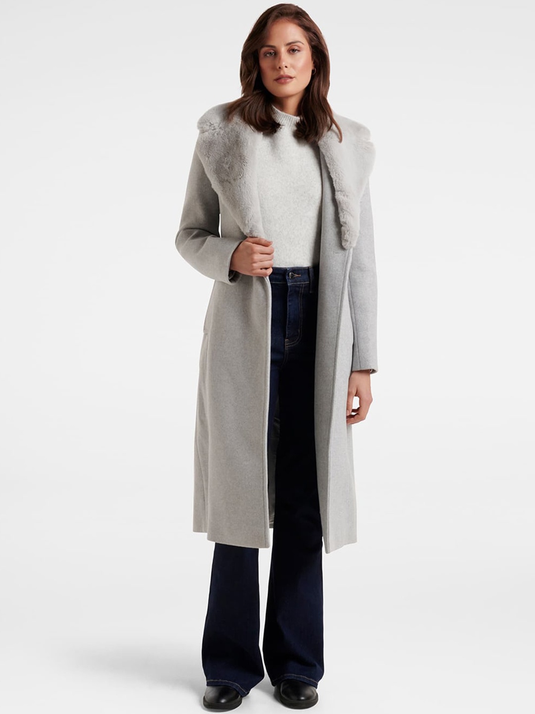 

Forever New Women Grey Solid Collar Coats, Grey melange