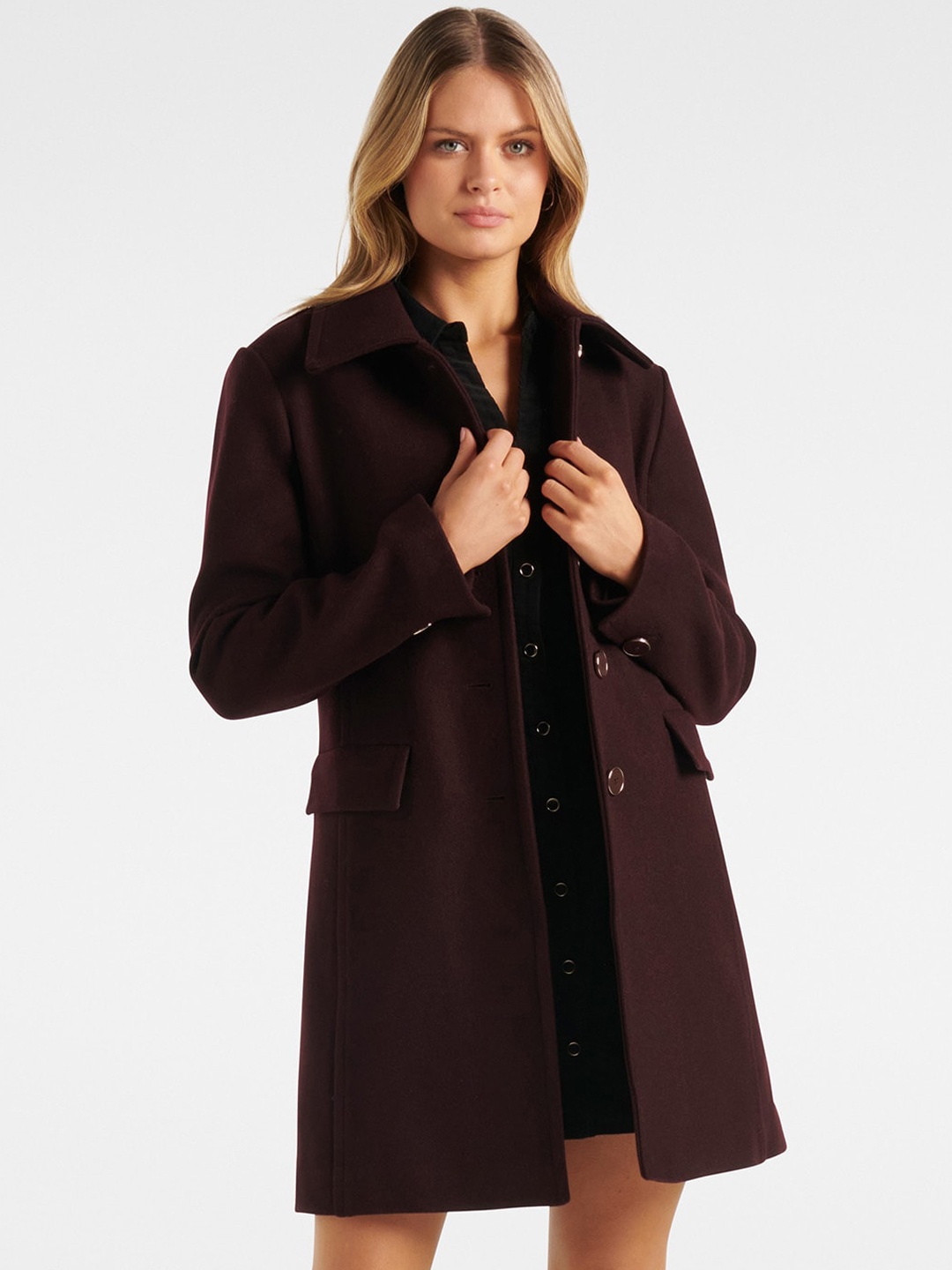 

Forever New Women Maroon Solid Longline Overcoat