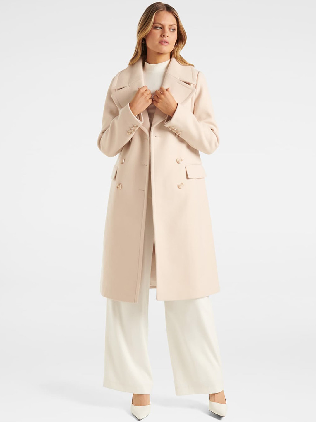 

Forever New Women Solid Double-Breasted Overcoat, Cream