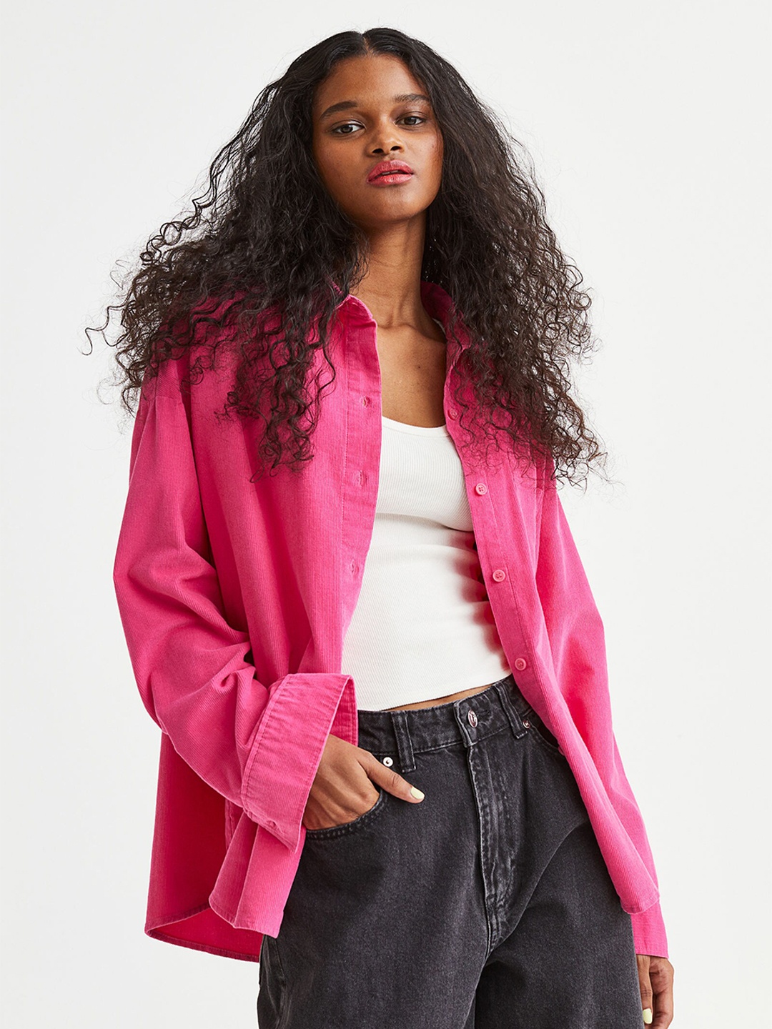 

H&M Women Pink Oversized Corduroy Shirt