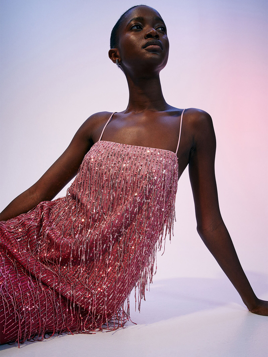 

H&M Women Pink Fringe-Hem Sequined Dress