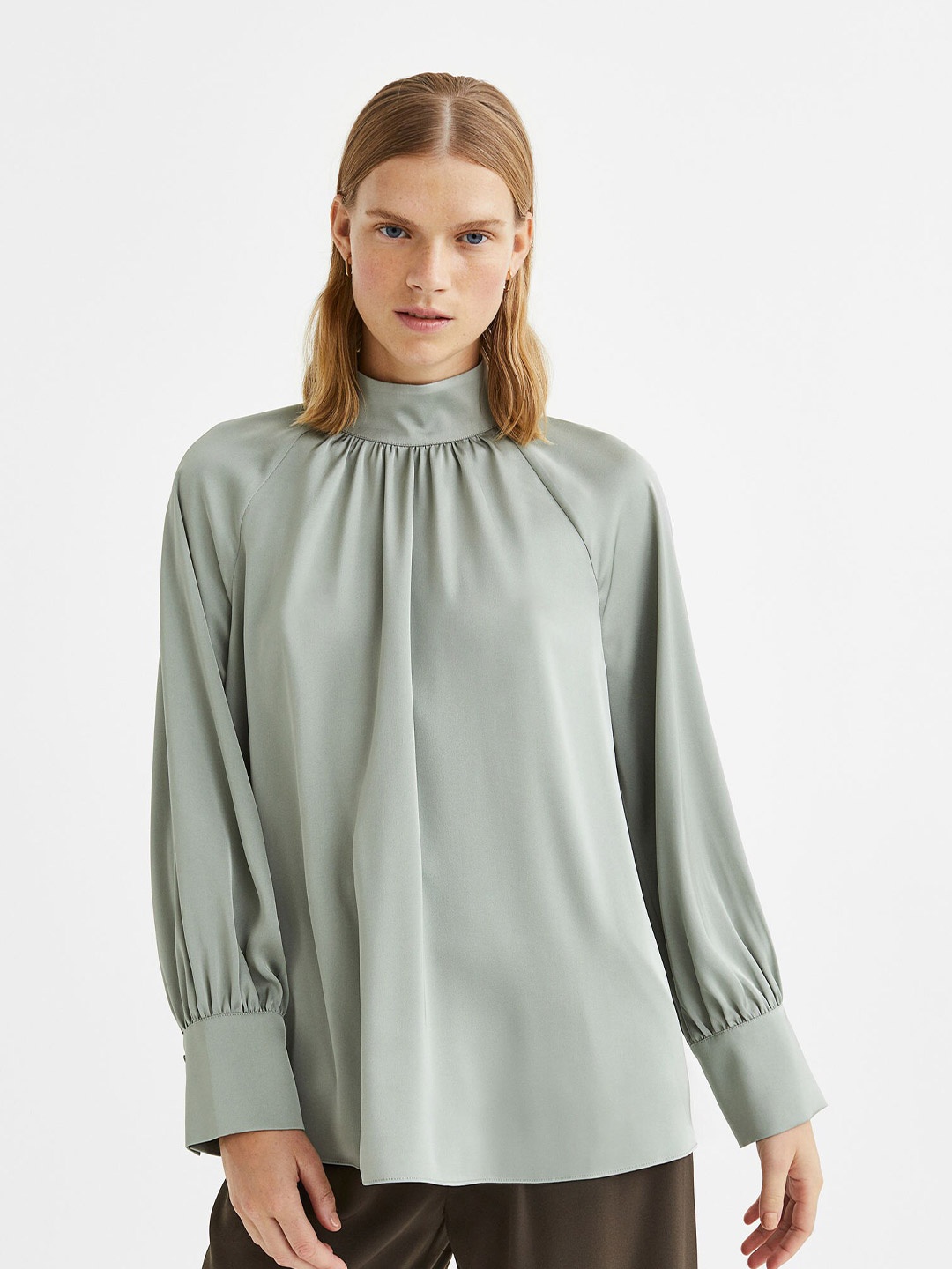 

H&M Women Grey Solid Balloon-Sleeved Satin Blouse