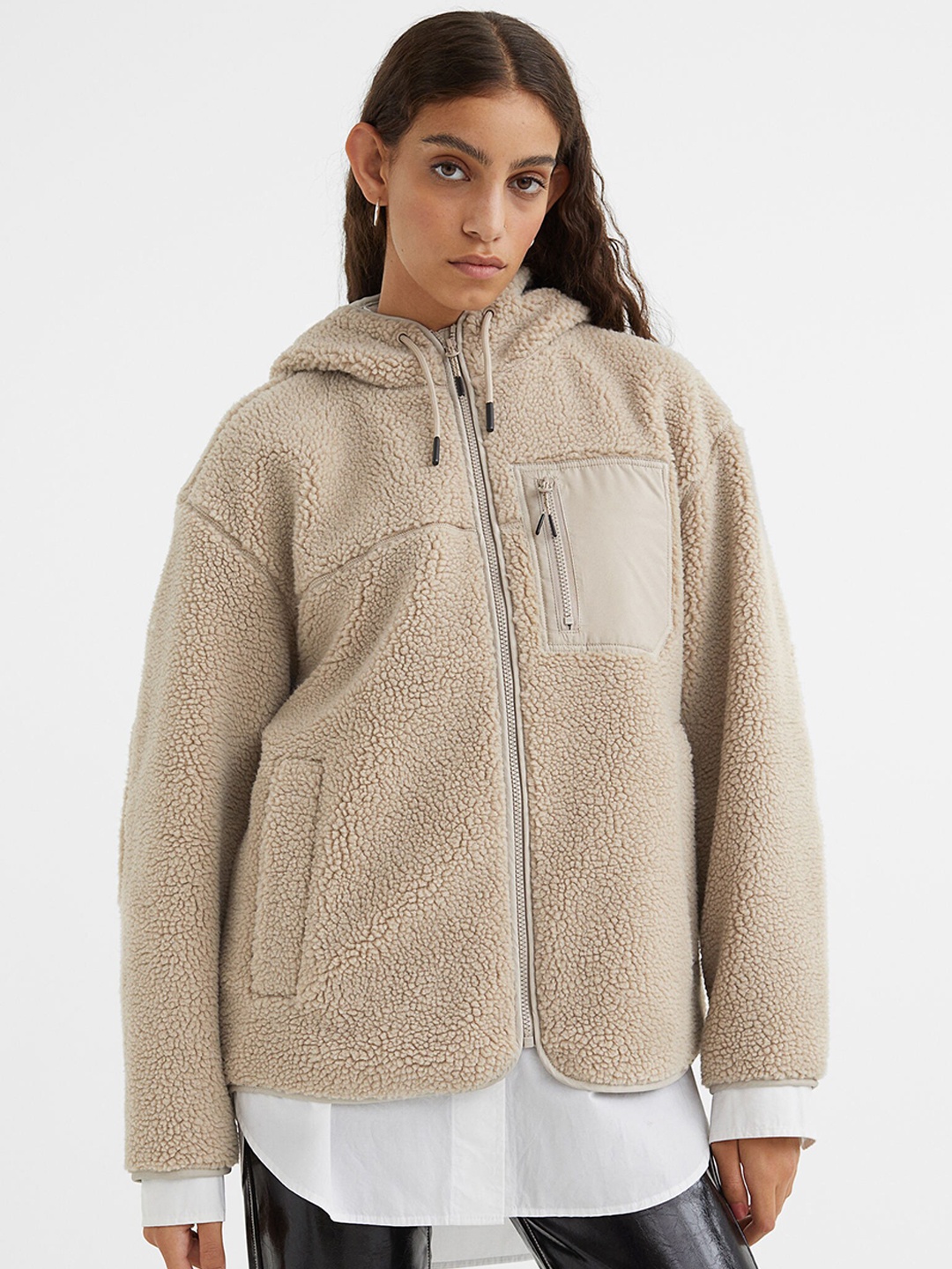 

H&M Women Beige Solid Teddy Jacket