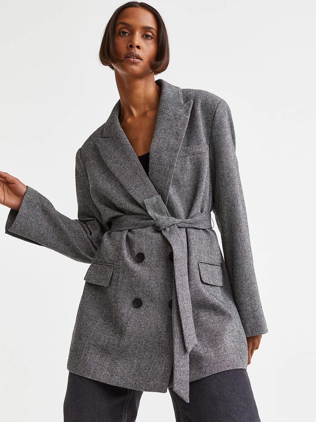 

H&M Women Long Double-Breasted Blazer, Black