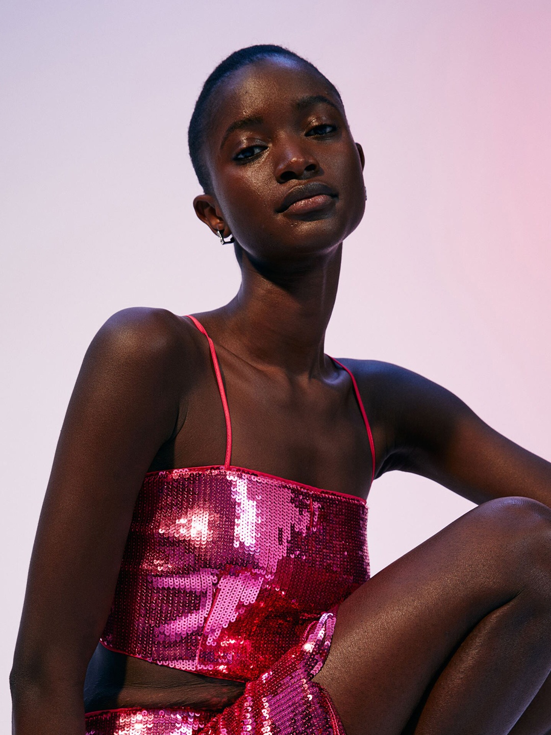 

H&M Women Pink Solid Sequined Crop Top