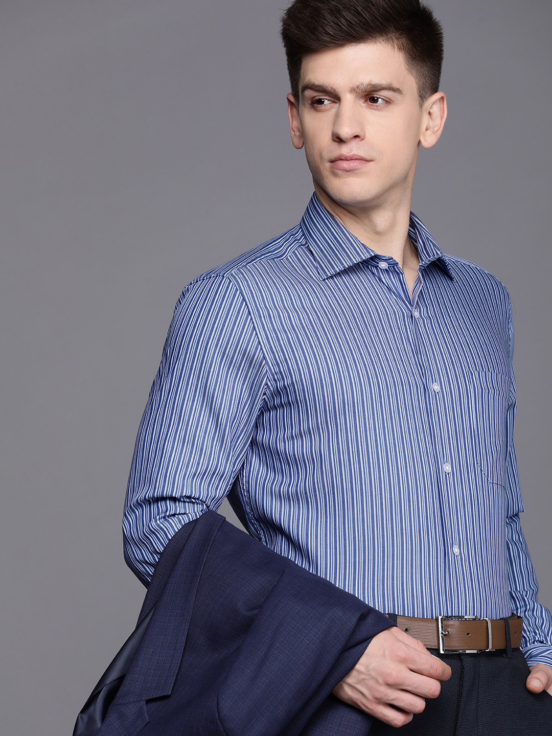 

Louis Philippe Men Blue Pure Cotton Classic Striped Slim Fit Formal Shirt