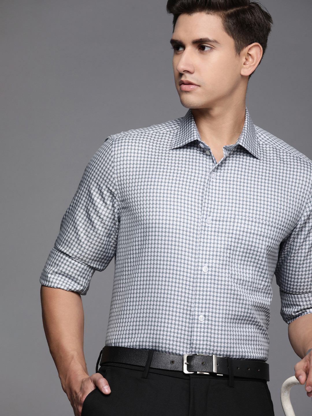 

Louis Philippe Men Grey & White Classic Fit Textured Pure Cotton Formal Shirt