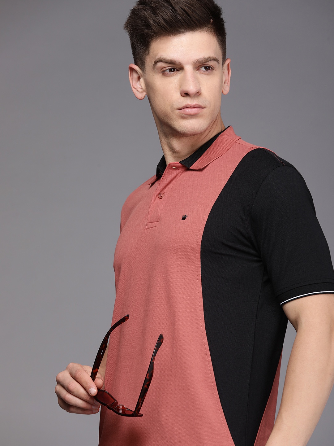 

Louis Philippe Men Rose & Black Colourblocked Polo Collar T-shirt