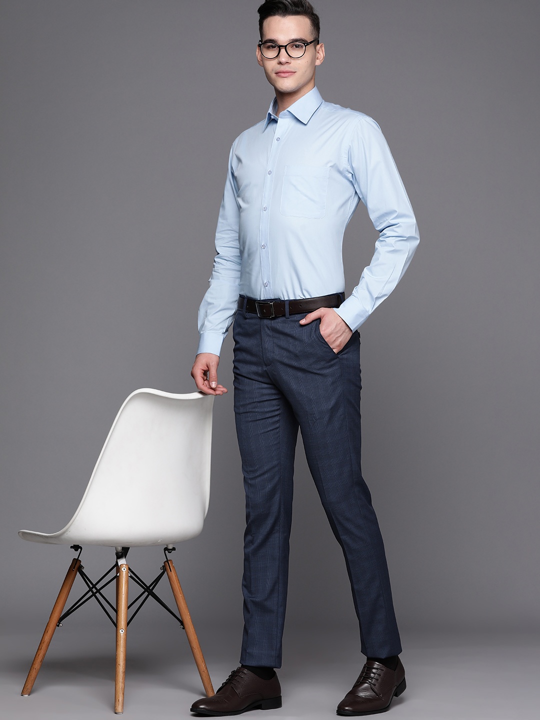 

Louis Philippe Men Navy Blue Checked Slim Fit Trousers