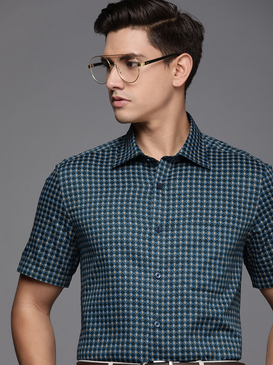 

Louis Philippe Men Teal Green & Beige Classic Fit Printed Pure Cotton Formal Shirt