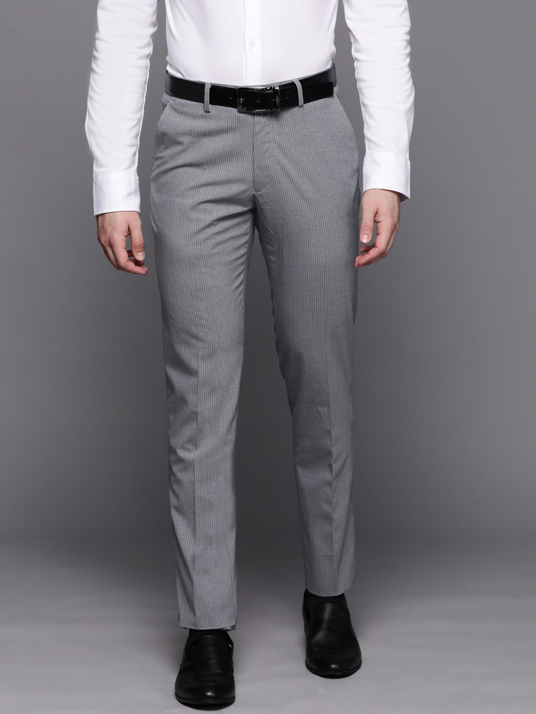 

Louis Philippe Men Striped Super Slim Fit Formal Trousers, Grey