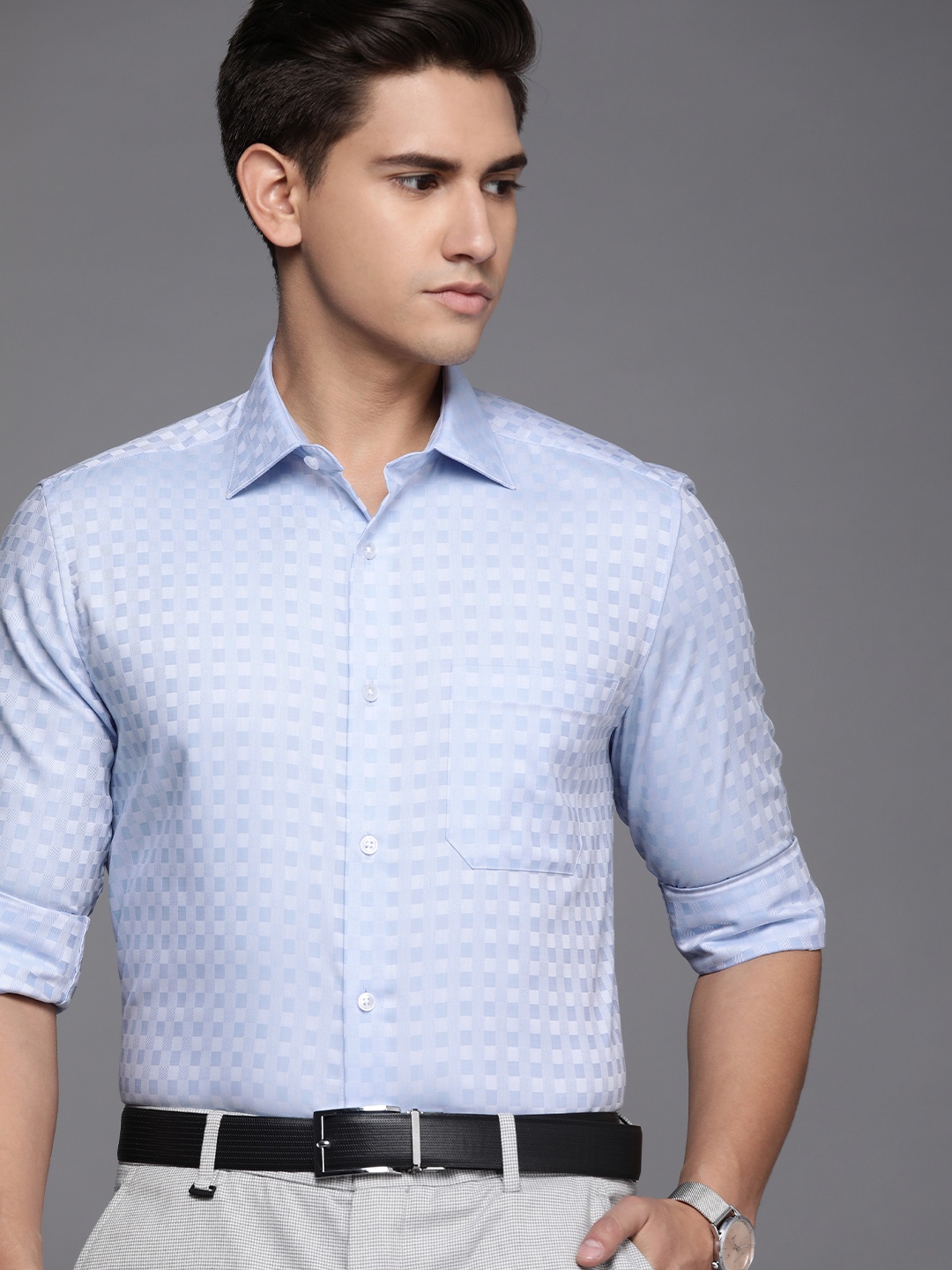 

Louis Philippe Men Blue Self-Design Classic Pure Cotton Formal Shirt