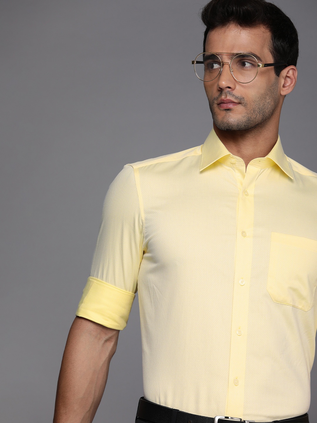 

Louis Philippe Men Yellow Self-Design Classic Pure Cotton Formal Shirt