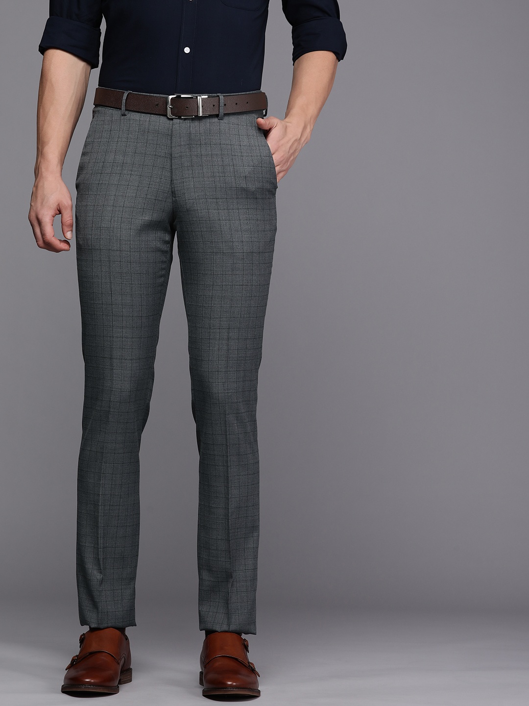 

Louis Philippe Men Grey Checked Slim Fit Formal Trousers