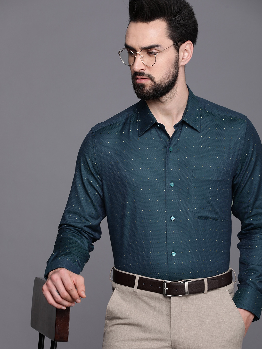 

Louis Philippe Ditsy Print Pure Cotton Classic Textured Formal Shirt, Teal