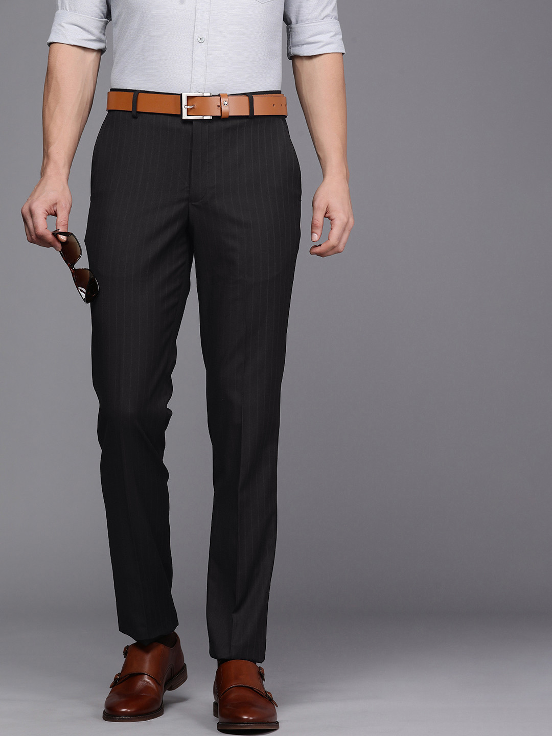 

Louis Philippe Men Striped Slim Fit Formal Trousers, Black