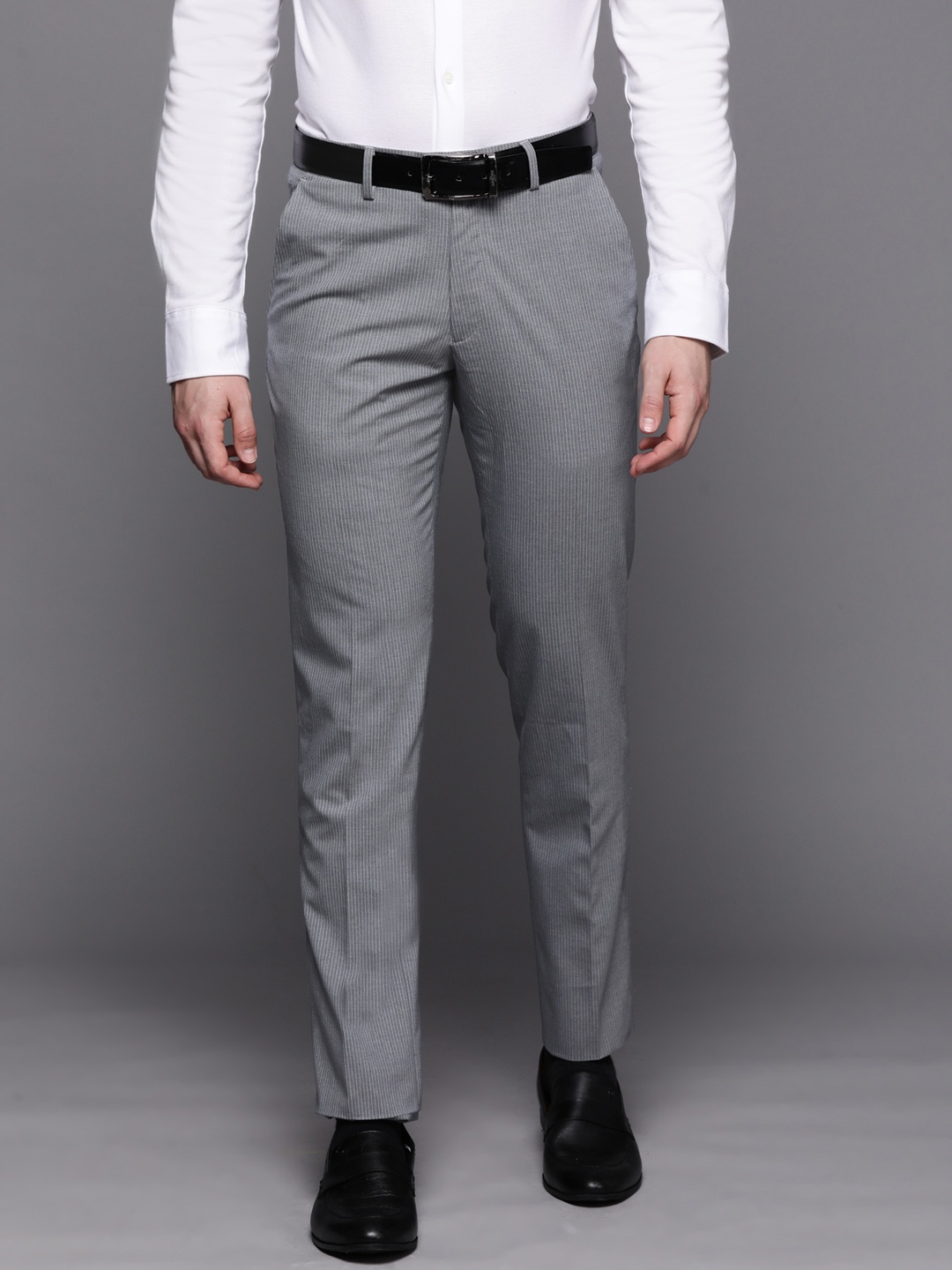 

Louis Philippe Men Grey Striped Slim Fit Trousers