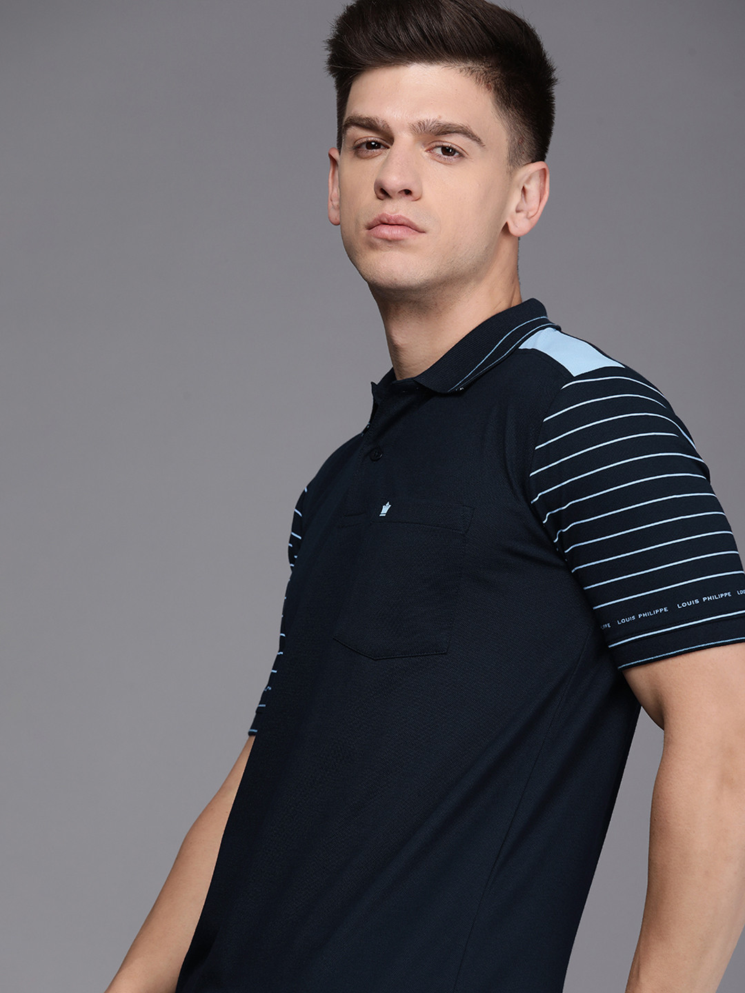 

Louis Philippe Men Navy Blue Striped Polo Collar Short sleeves T-shirt