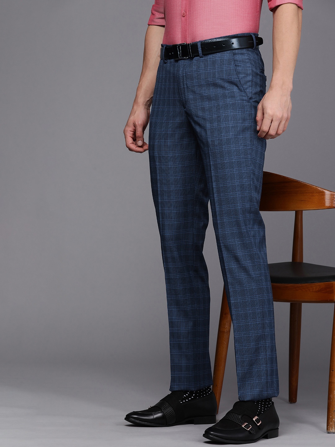 

Louis Philippe Men Blue Checked Slim Fit Formal Trousers