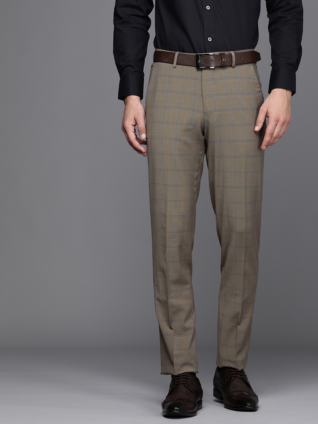 

Louis Philippe Men Checked Mid-Rise Slim Fit Formal Trousers, Khaki