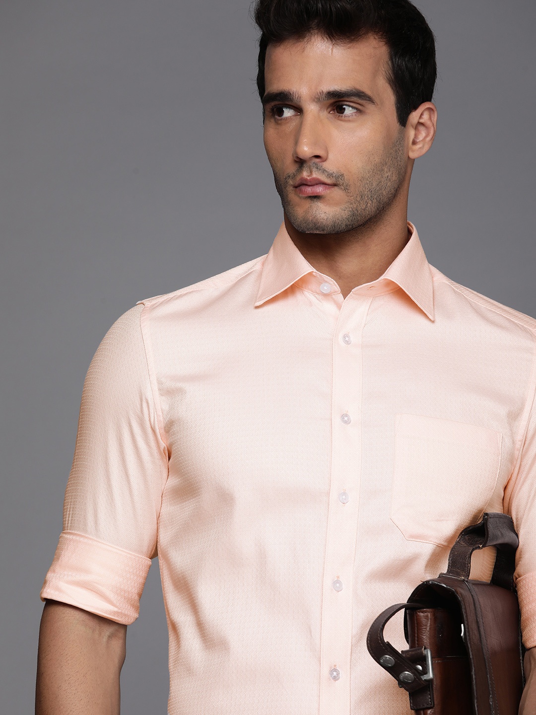 

Louis Philippe Men Peach-Coloured Self-Design Classic Pure Cotton Formal Shirt